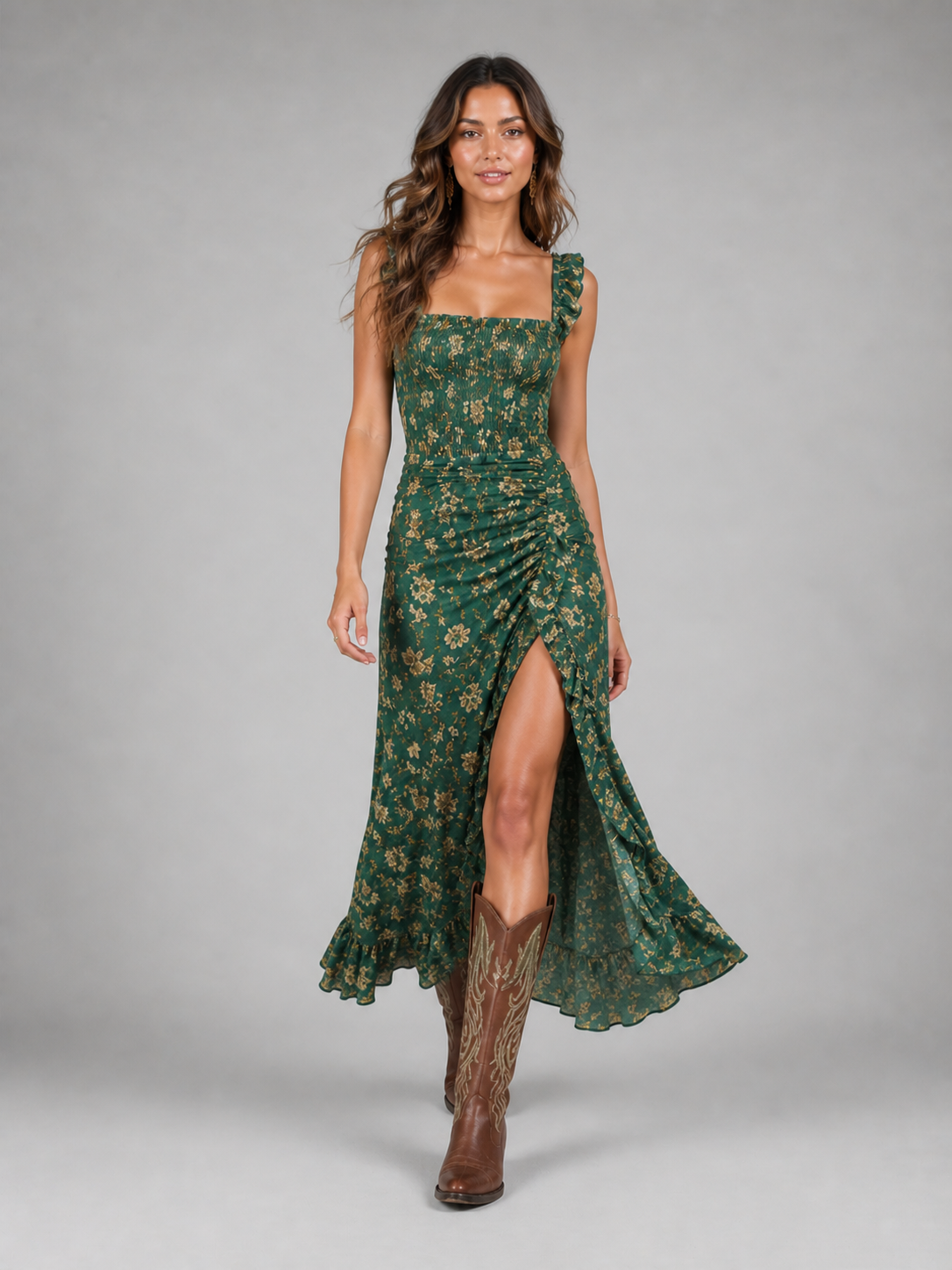 Women's Boho Floral Side Slit Maxi Dress – Flowing Silhouette – Montleigh