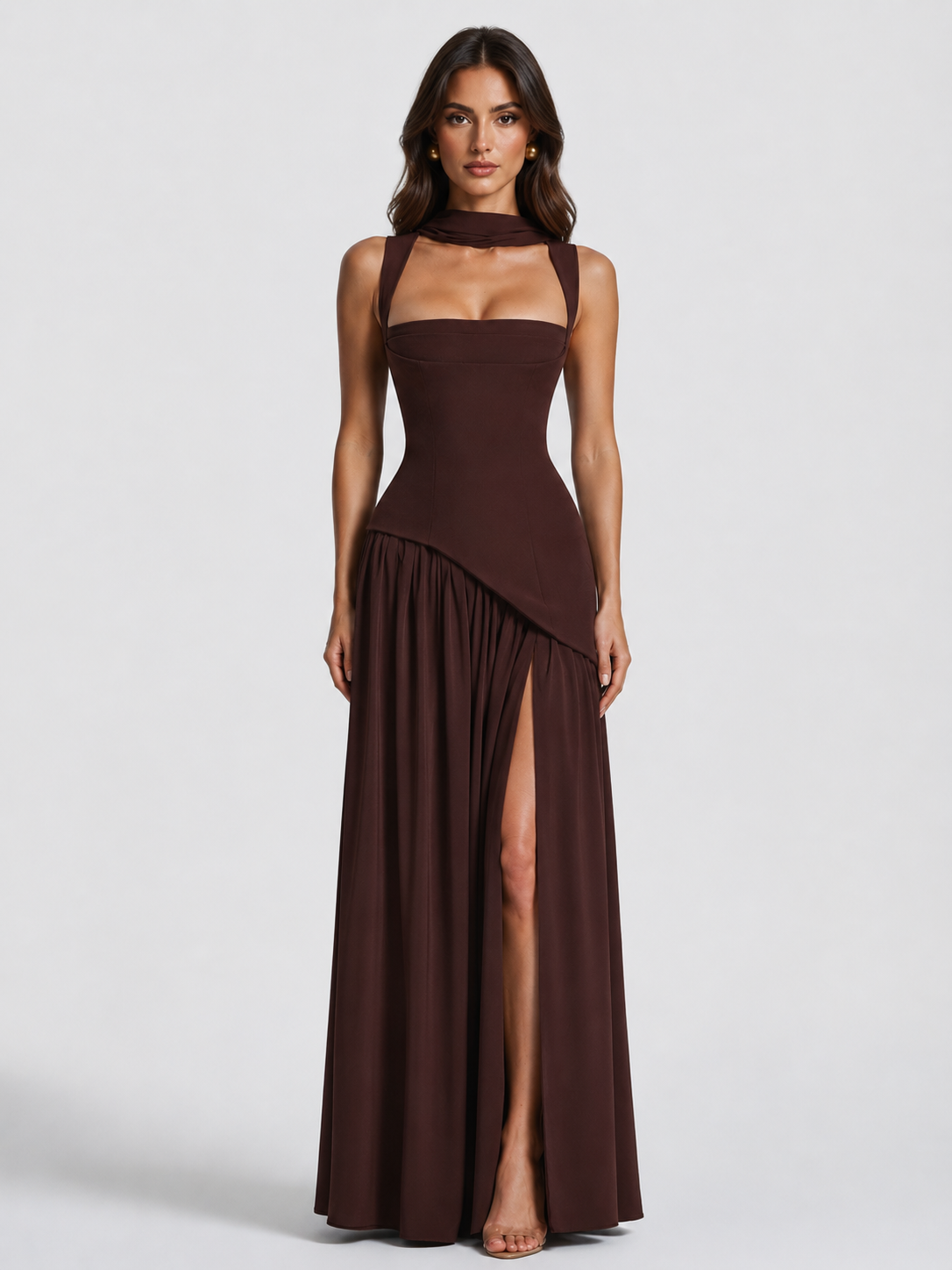 Womens Draped Satin Feel Maxi Dress Sculpted Elegant Silhouette Womens Draped Satin Feel Maxi Dress Sculpted Elegant Silhouette