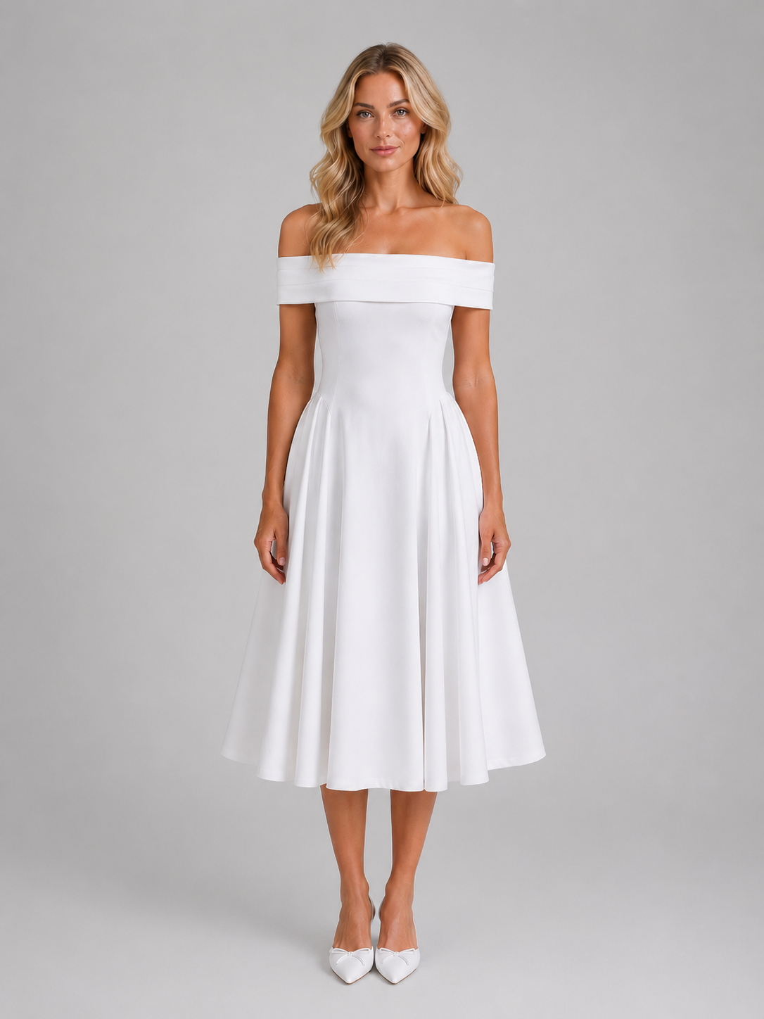Women's Off-Shoulder Pleated Midi Dress – Wedding Guest Occasion – Montleigh