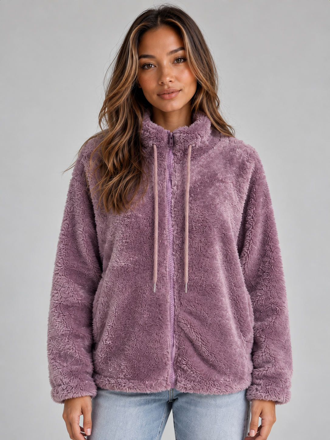 Women’s Teddy Fleece Zip-Up Jacket – Soft High Neck Jumper