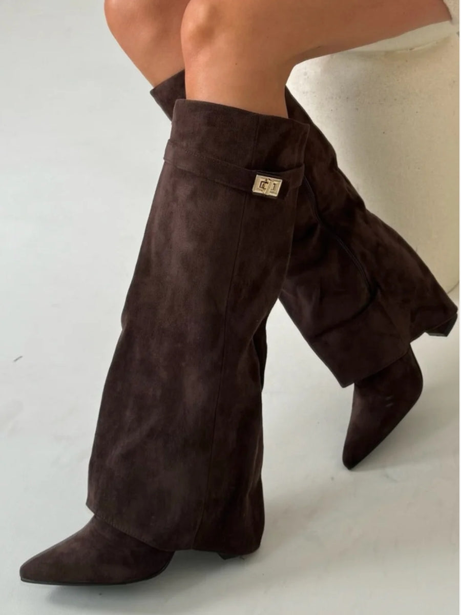 Montleigh | Women’s Suede Fold-Over Boots – Golden Detail