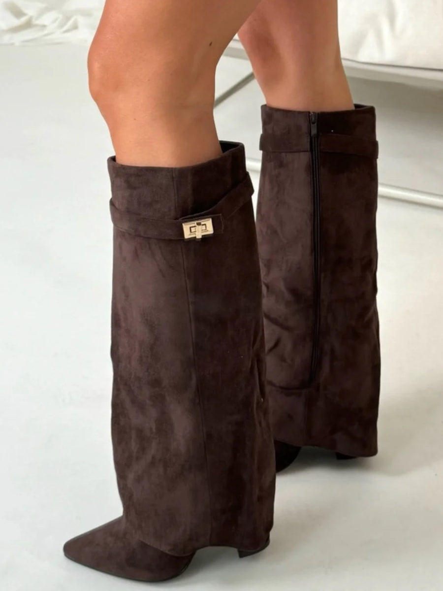 Montleigh | Women’s Suede Fold-Over Boots – Golden Detail