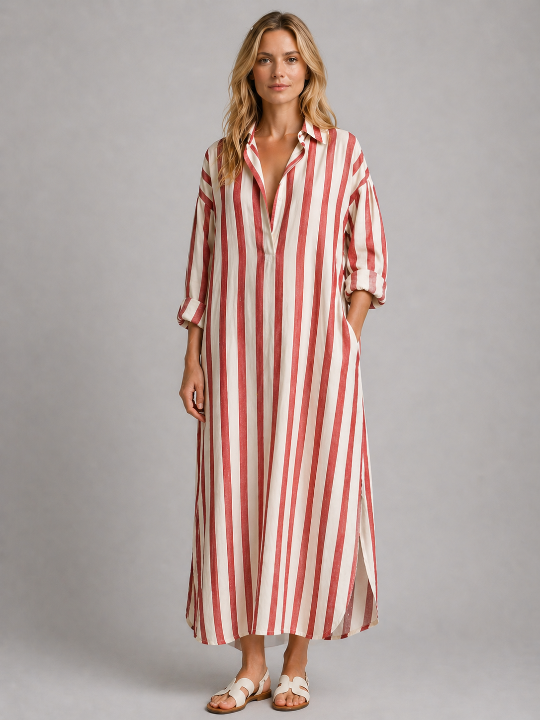 red stripe shirt dress Sarah Stripe Shirt Dress-Red Large