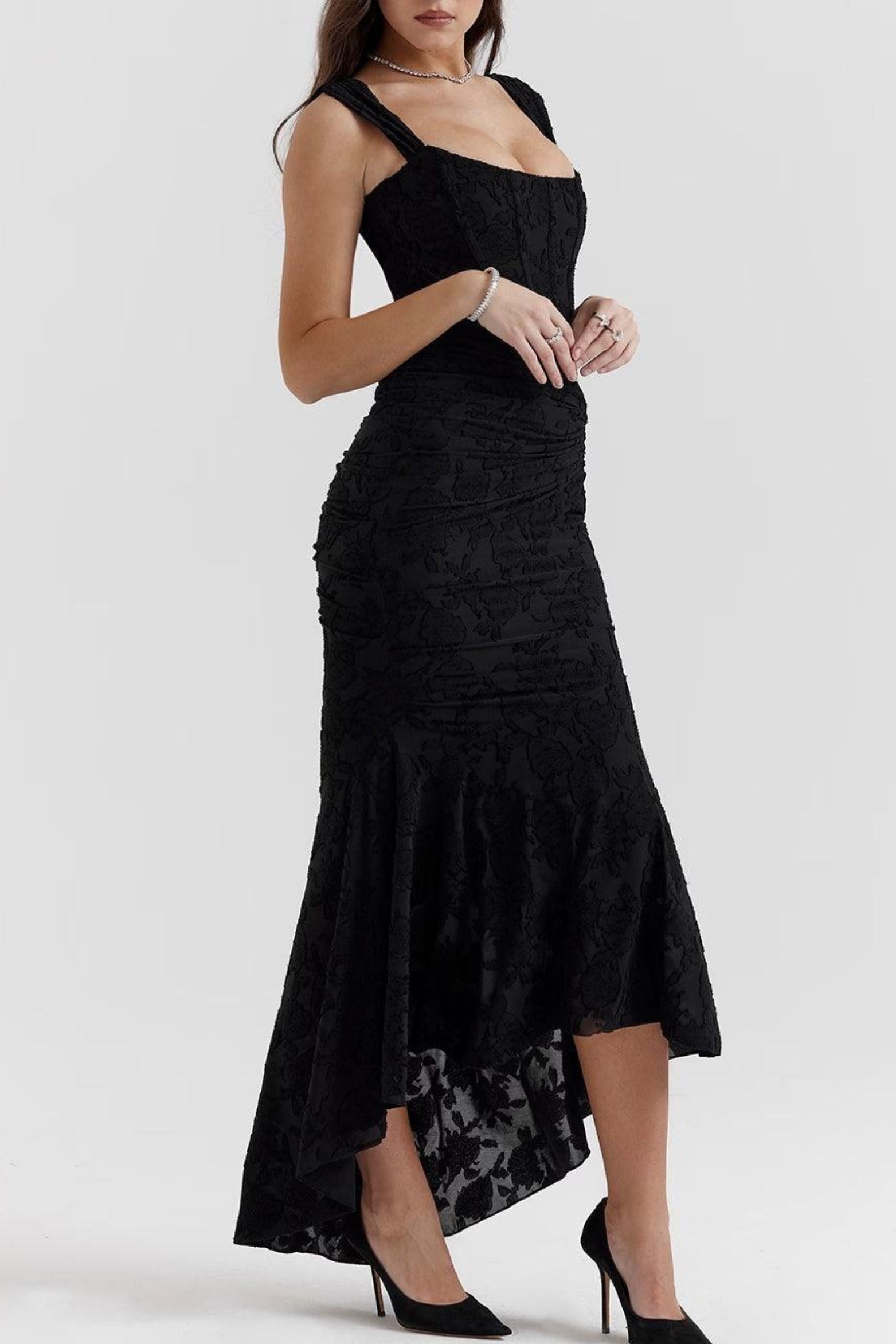 Women’s Ruched Lace Midi Dress – Bodycon Fit