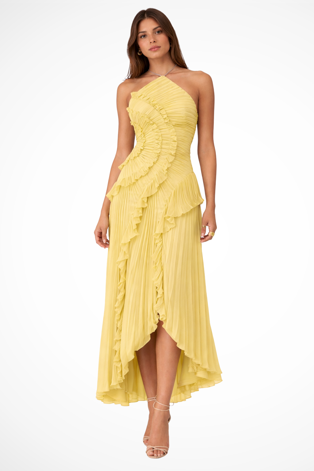 Montleigh | Women's Pleated Ruffle Halter Maxi Dress – Elegant Occasion Wear
