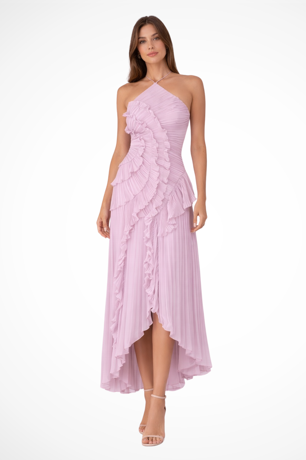 Montleigh | Women's Pleated Ruffle Halter Maxi Dress – Elegant Occasion Wear