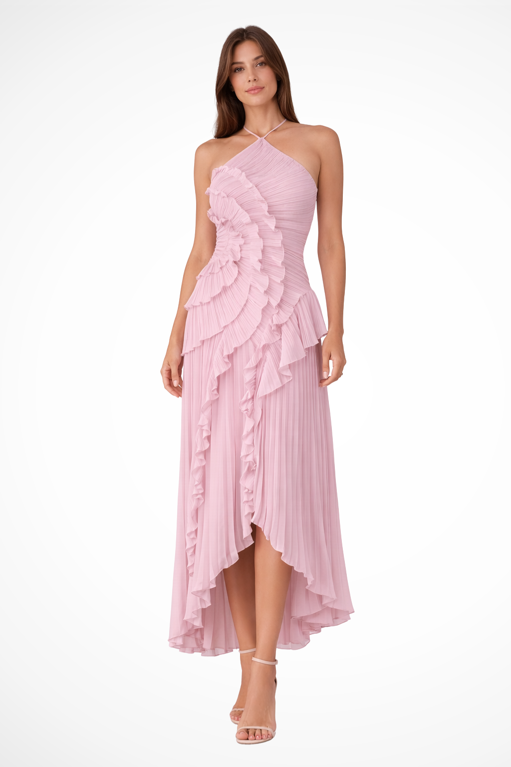 Montleigh | Women's Pleated Ruffle Halter Maxi Dress – Elegant Occasion Wear