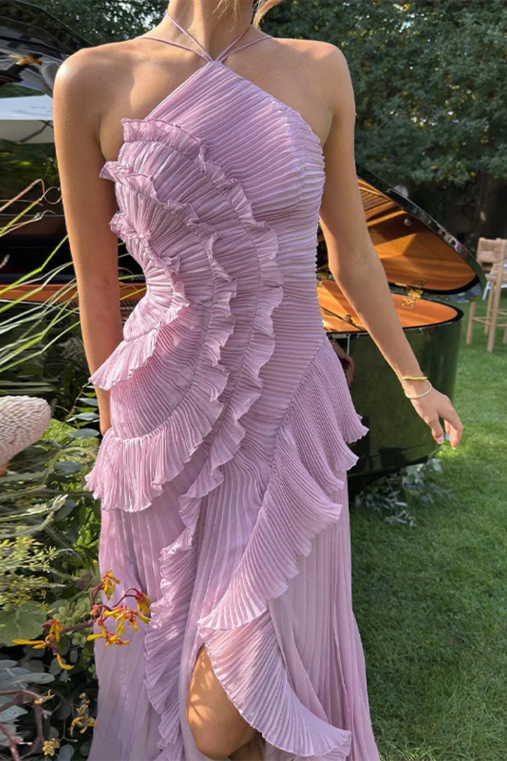 Montleigh | Women's Pleated Ruffle Halter Maxi Dress – Elegant Occasion Wear