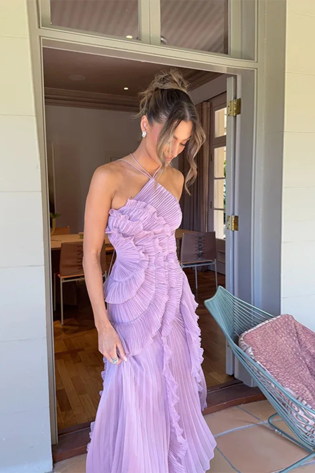 Montleigh | Women's Pleated Ruffle Halter Maxi Dress – Elegant Occasion Wear