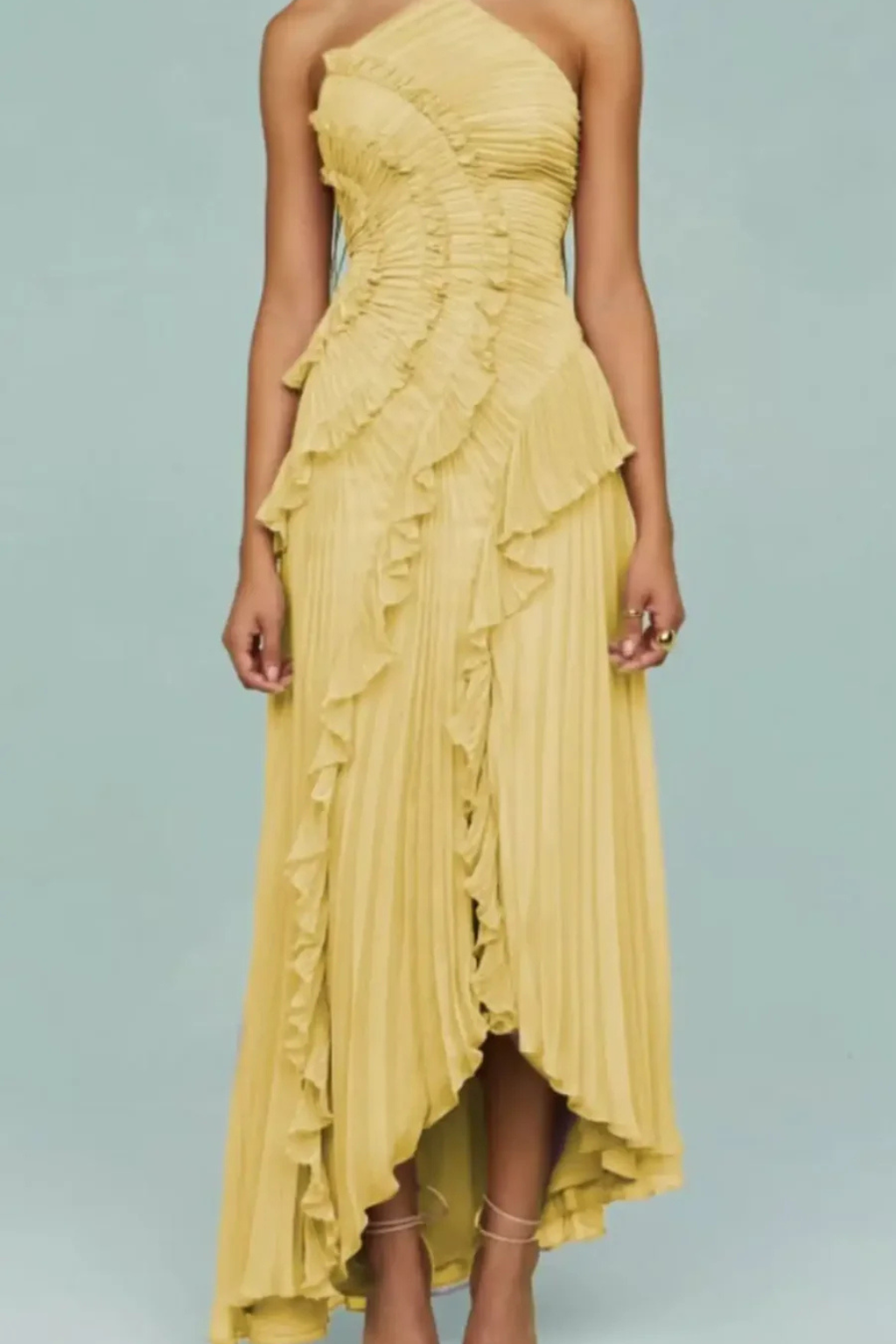 Montleigh | Women's Pleated Ruffle Halter Maxi Dress – Elegant Occasion Wear