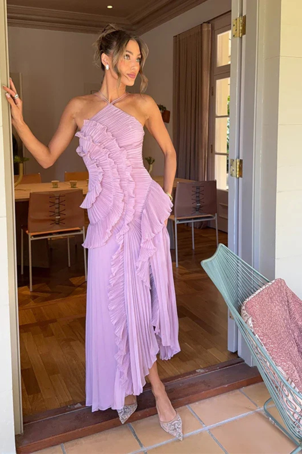 Montleigh | Women's Pleated Ruffle Halter Maxi Dress – Elegant Occasion Wear