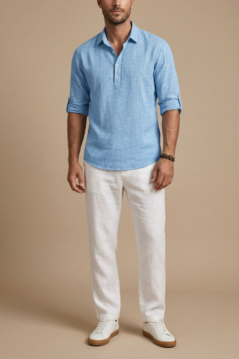Men’s Linen Look Henley Shirt – Relaxed Fit Summer Style