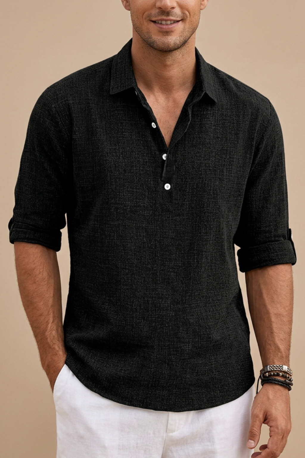 Men’s Linen Look Henley Shirt – Relaxed Fit Summer Style
