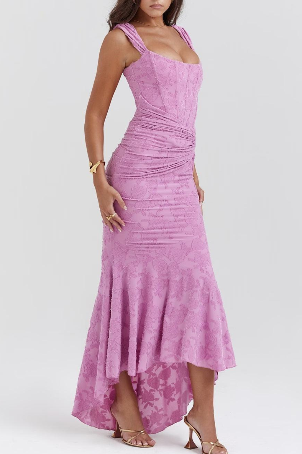 Women’s Ruched Lace Midi Dress – Bodycon Fit