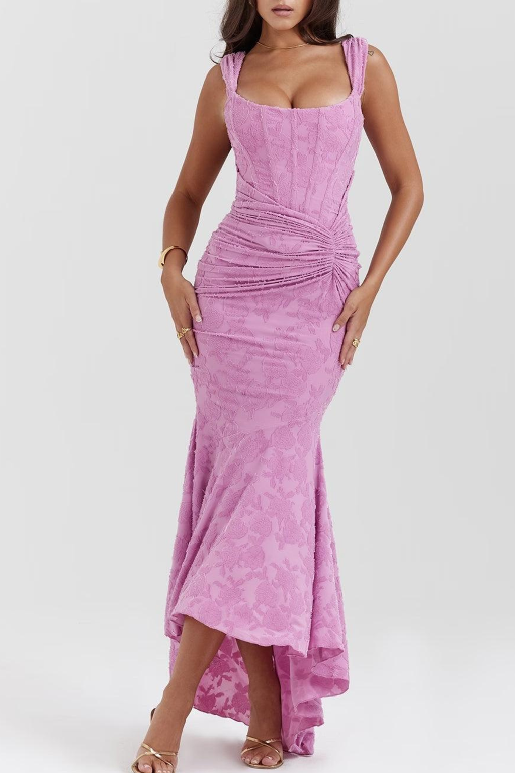 Women’s Ruched Lace Midi Dress – Bodycon Fit