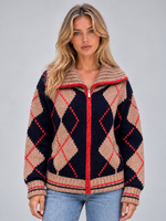 Women’s Argyle Knitted Cardigan – Zip Up Jumper with Oversized Collar