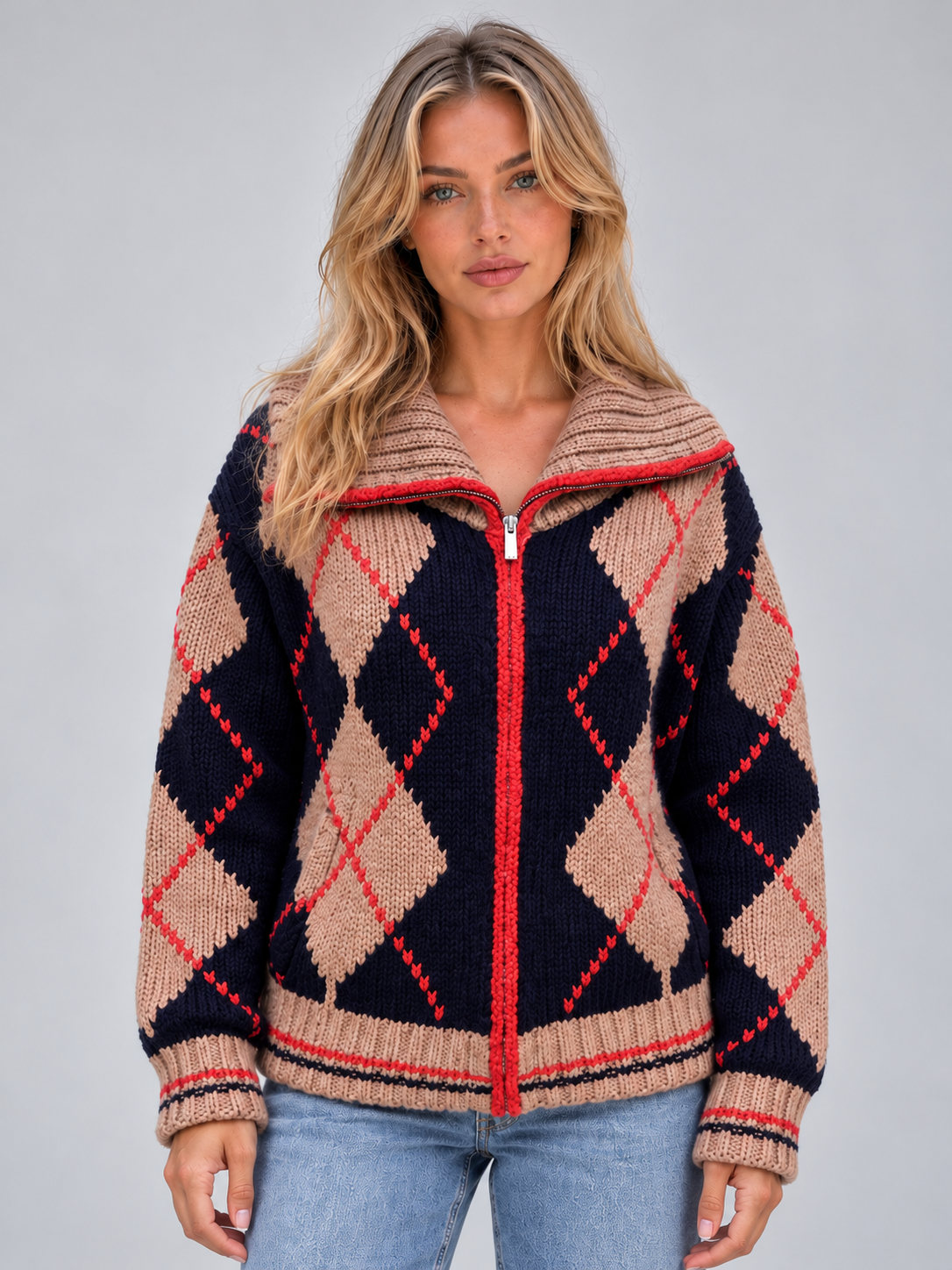 Women’s Argyle Knitted Cardigan – Zip Up Jumper with Oversized Collar