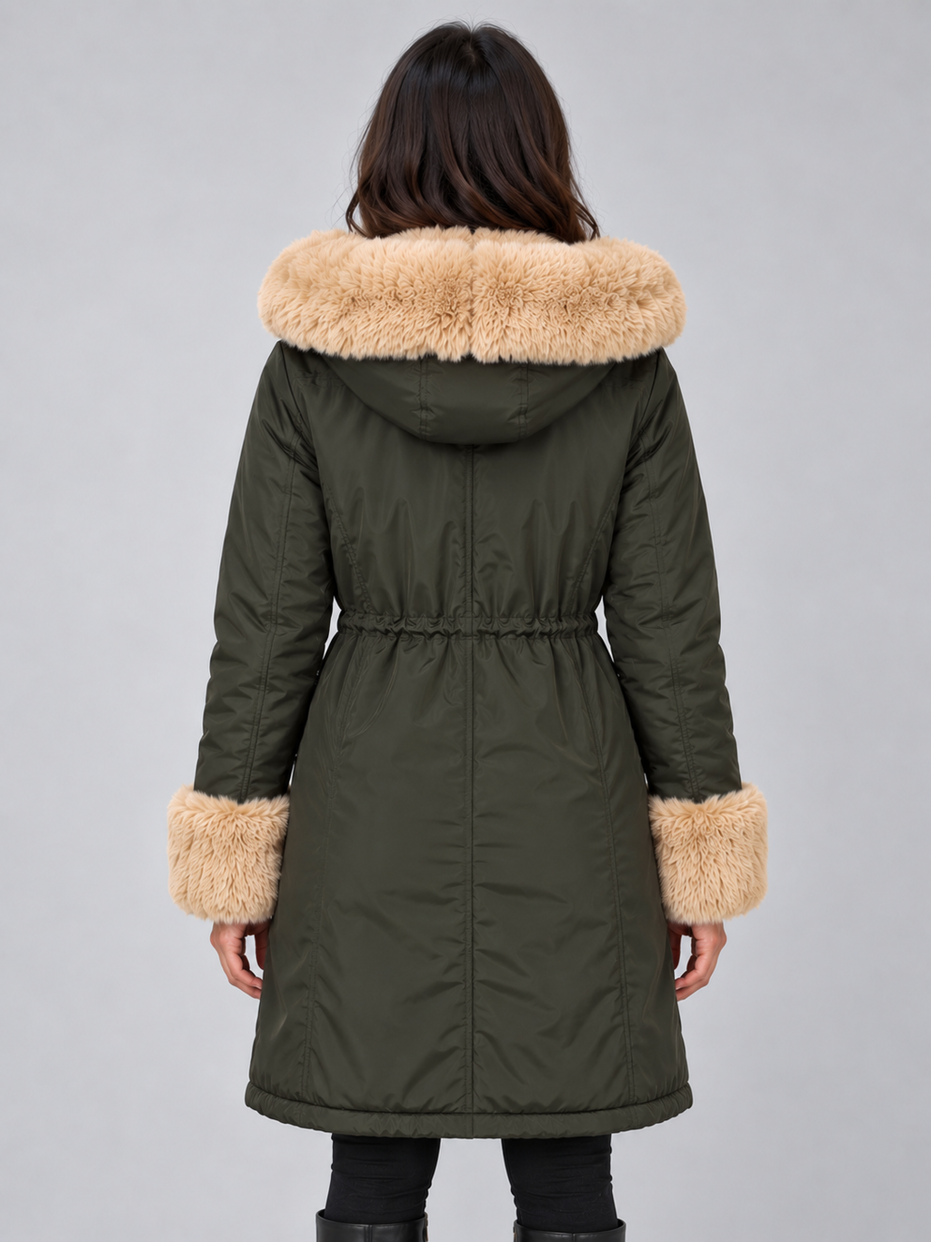 Women’s Faux Fur Lined Hooded Parka – Drawstring Waist Winter Coat