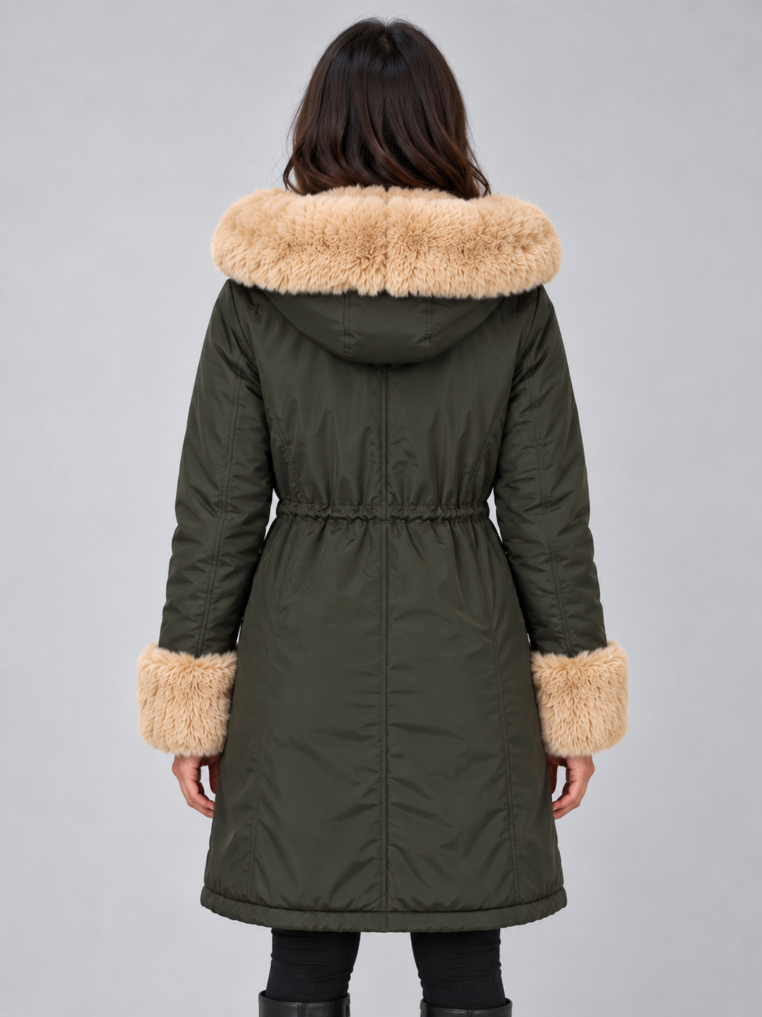 Women’s Faux Fur Lined Hooded Parka – Drawstring Waist Winter Coat