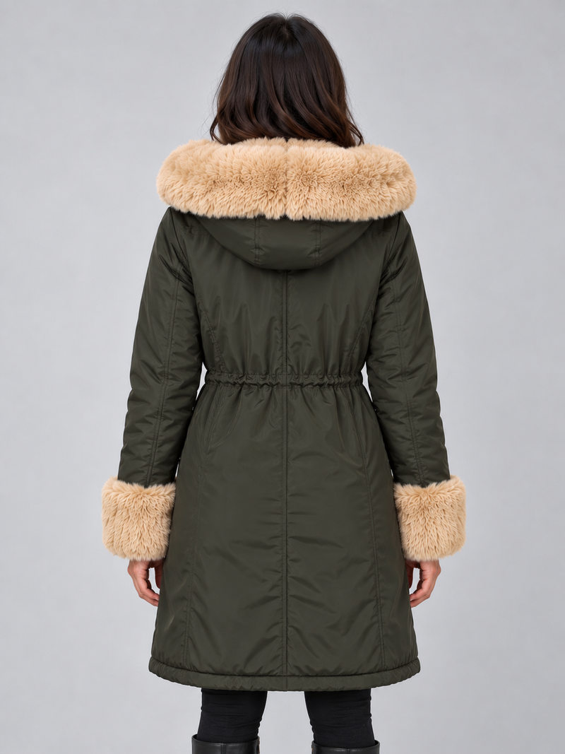 Women’s Faux Fur Lined Hooded Parka – Drawstring Waist Winter Coat