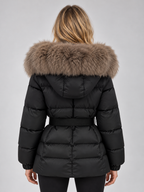 Women’s Faux Fur Collar Puffer Jacket – Belted Padded Winter Coat