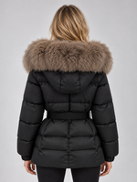 Women’s Faux Fur Collar Puffer Jacket – Belted Padded Winter Coat