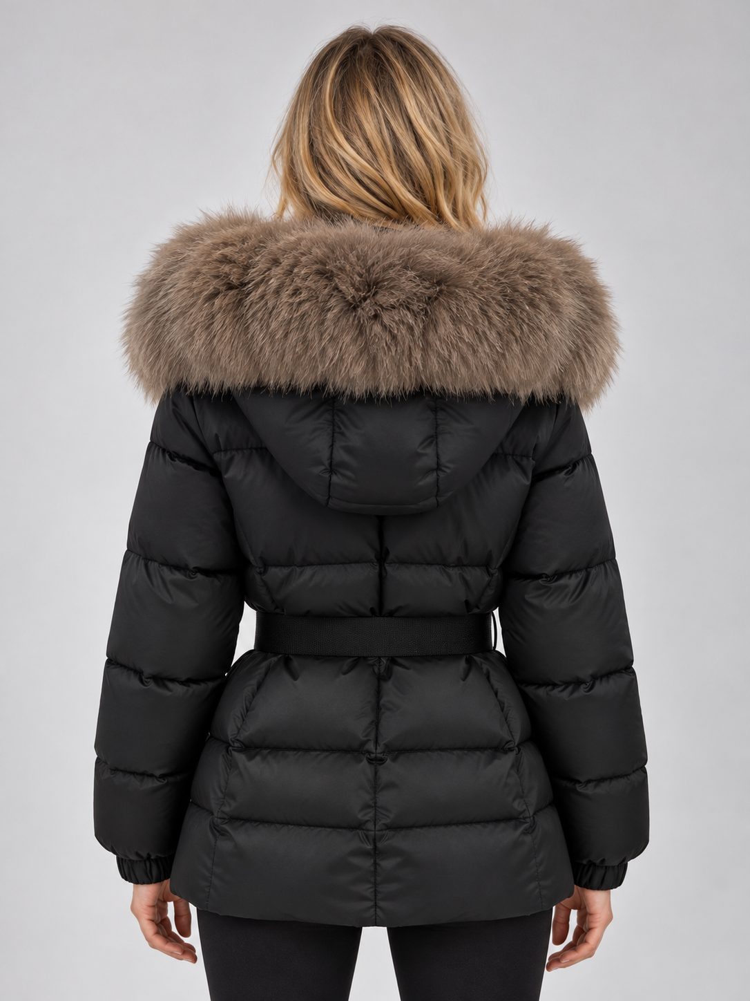 Women’s Faux Fur Collar Puffer Jacket – Belted Padded Winter Coat
