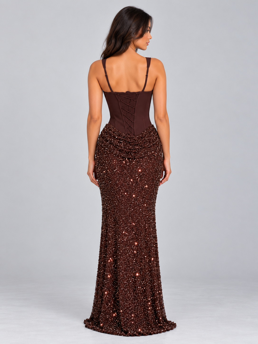 Women’s Sequin Corset Maxi Dress – Lace-Up Back Evening Gown