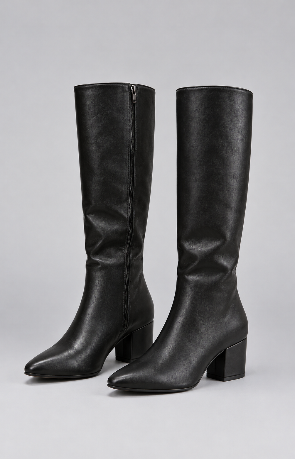 Women’s Knee High Leather Look Boots – Pointed Toe Block Heel