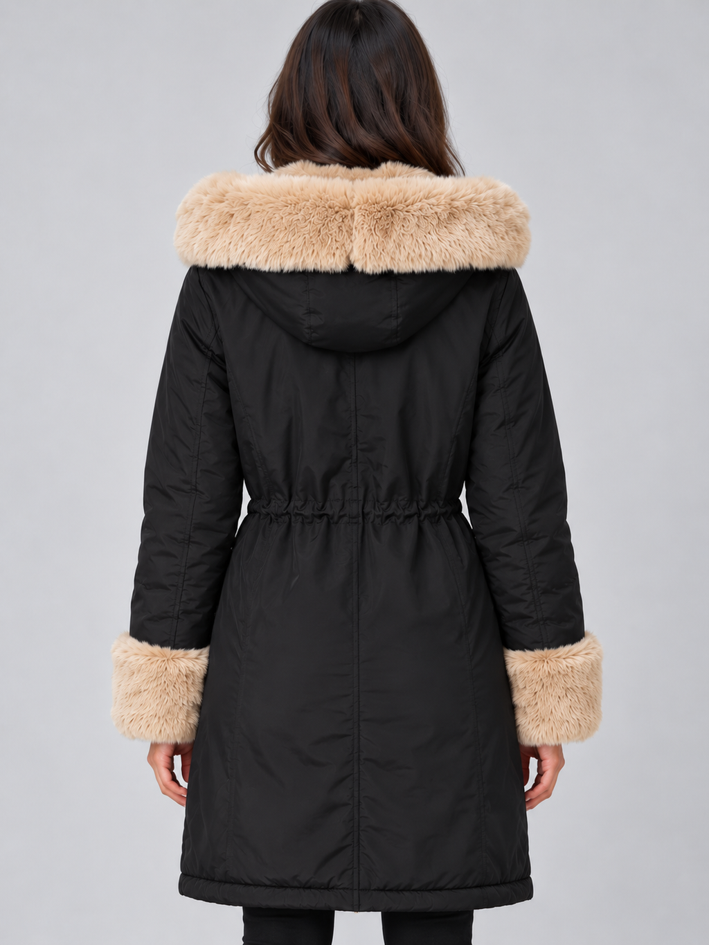 Women’s Faux Fur Lined Hooded Parka – Drawstring Waist Winter Coat