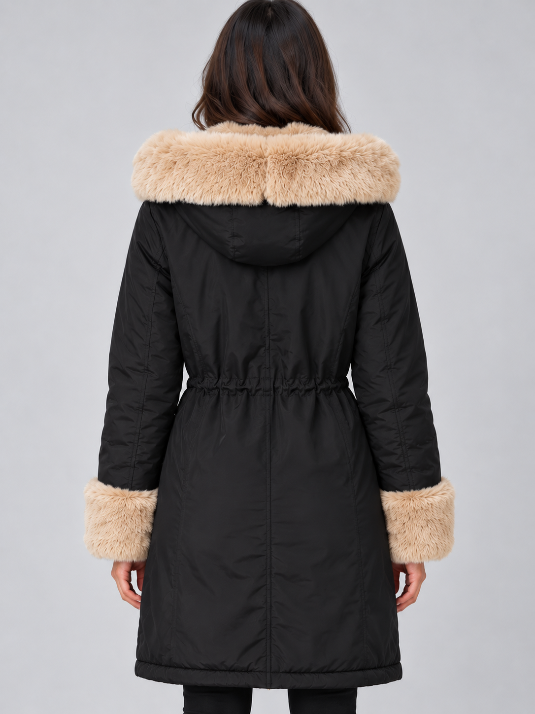 Women’s Faux Fur Lined Hooded Parka – Drawstring Waist Winter Coat