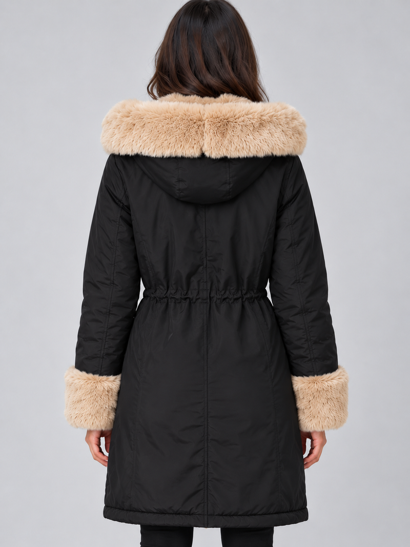 Women’s Faux Fur Lined Hooded Parka – Drawstring Waist Winter Coat