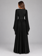 Women’s Pleated Maxi Dress – V-Neck Cape Sleeve Evening Gown