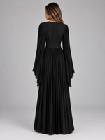 Women’s Pleated Maxi Dress – V-Neck Cape Sleeve Evening Gown