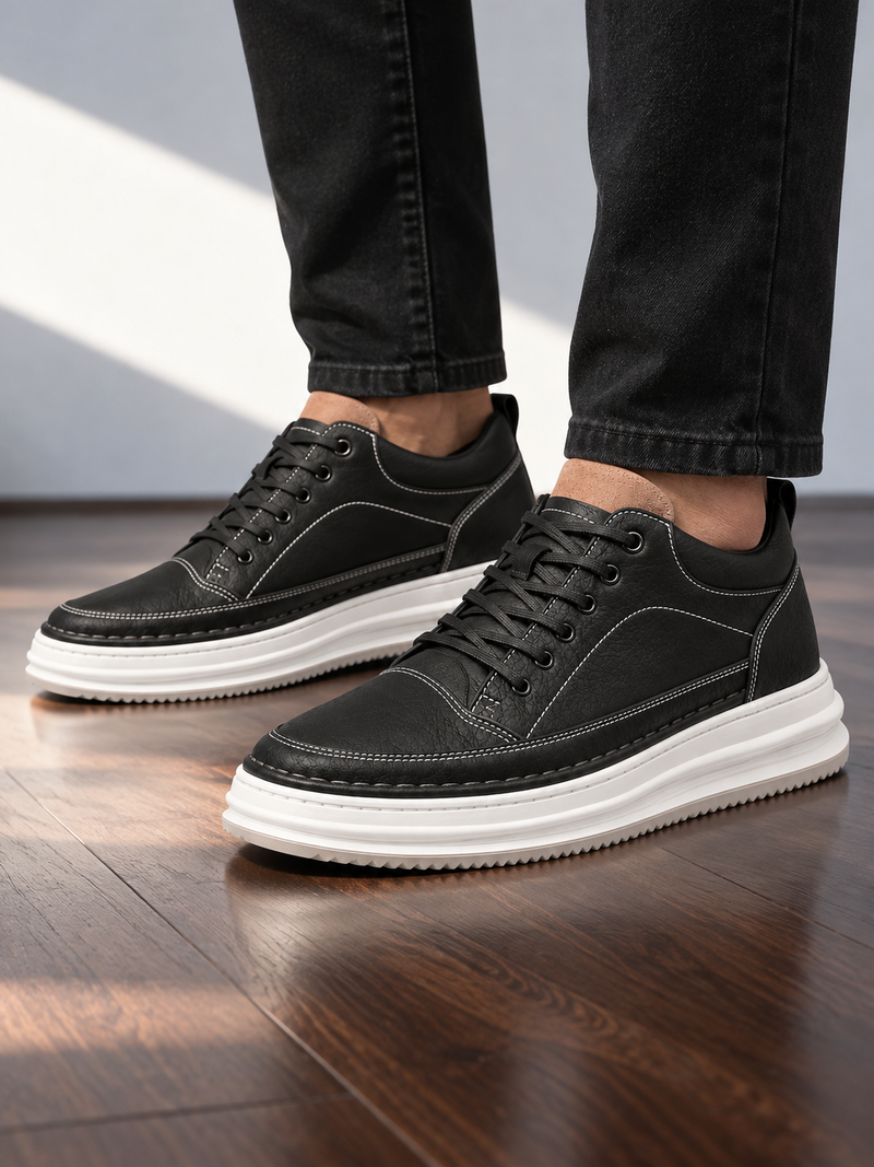 Men’s Leather Look Trainers – Lace Up Platform Sole Casual Shoes