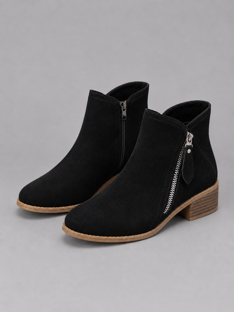 Women’s Suede Look Ankle Boots – Side Zip Low Block Heel Boots