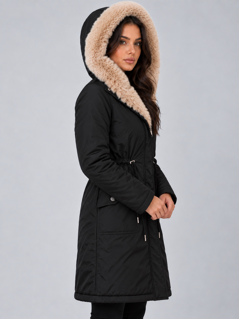 Women’s Faux Fur Lined Hooded Parka – Drawstring Waist Winter Coat