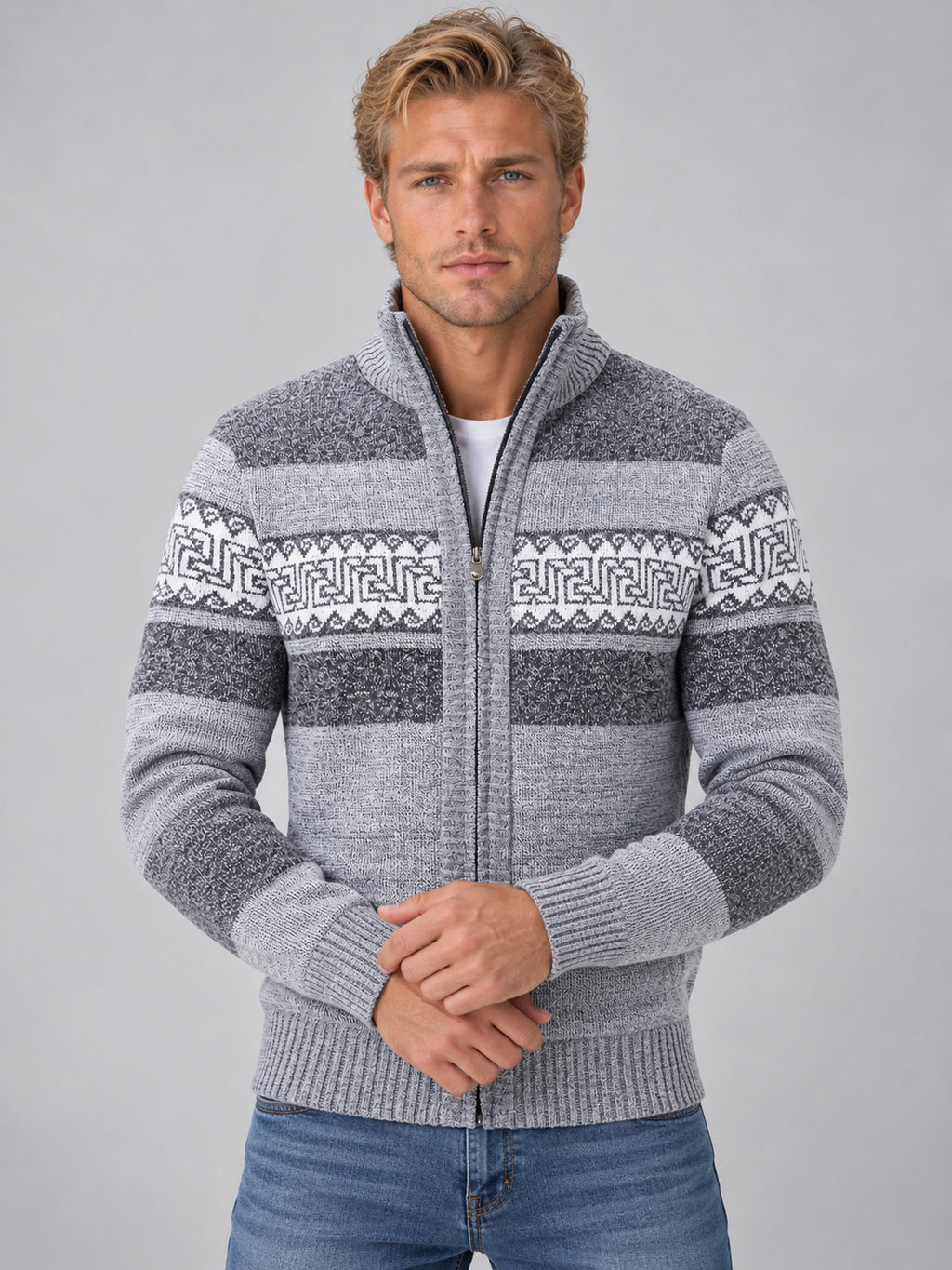 Men’s Full Zip Knitted Cardigan – High Neck Jumper