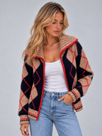 Women’s Argyle Knitted Cardigan – Zip Up Jumper with Oversized Collar