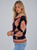 Women’s Argyle Knitted Cardigan – Zip Up Jumper with Oversized Collar