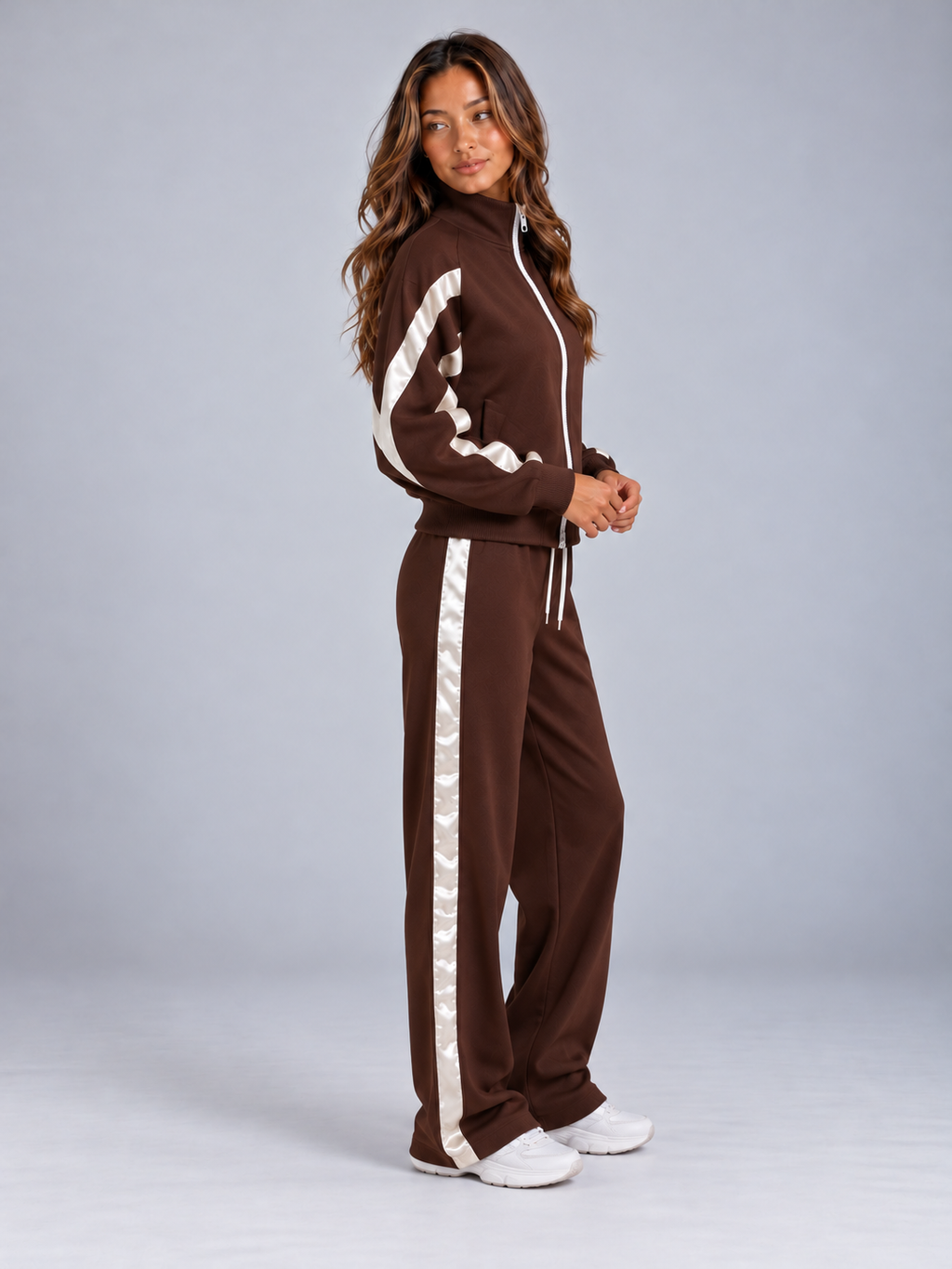 Women’s Zip Up Tracksuit Set – Striped Jacket & Wide Leg Joggers
