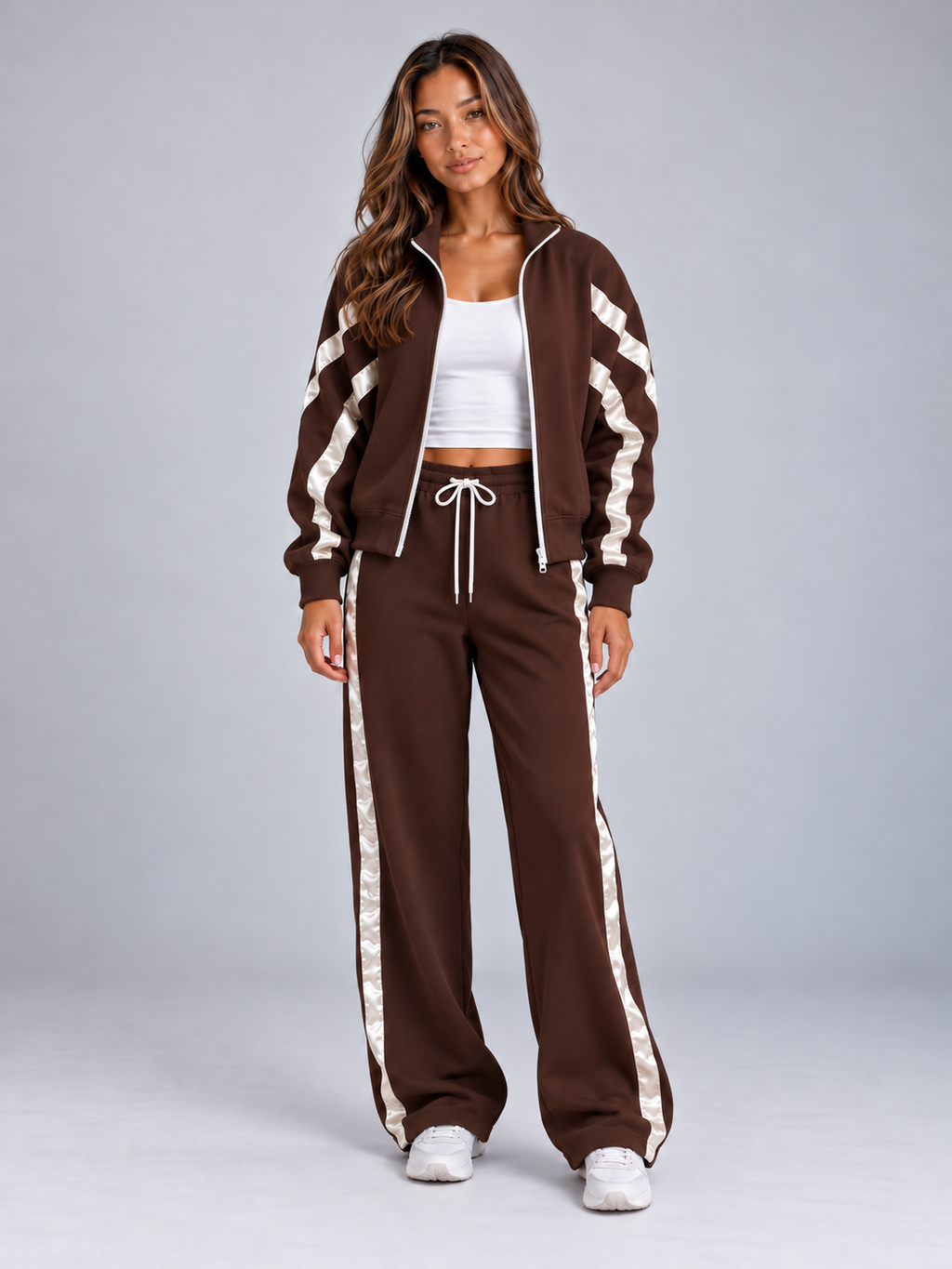 Women’s Zip Up Tracksuit Set – Striped Jacket & Wide Leg Joggers