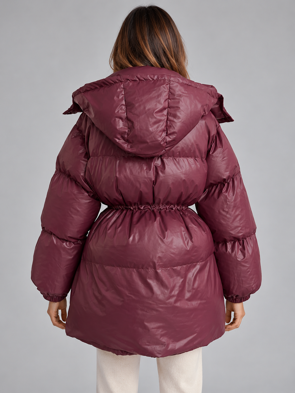 Women’s Hooded Puffer Coat – Padded Drawstring Waist