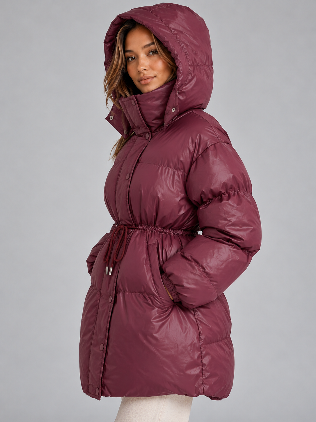 Women’s Hooded Puffer Coat – Padded Drawstring Waist