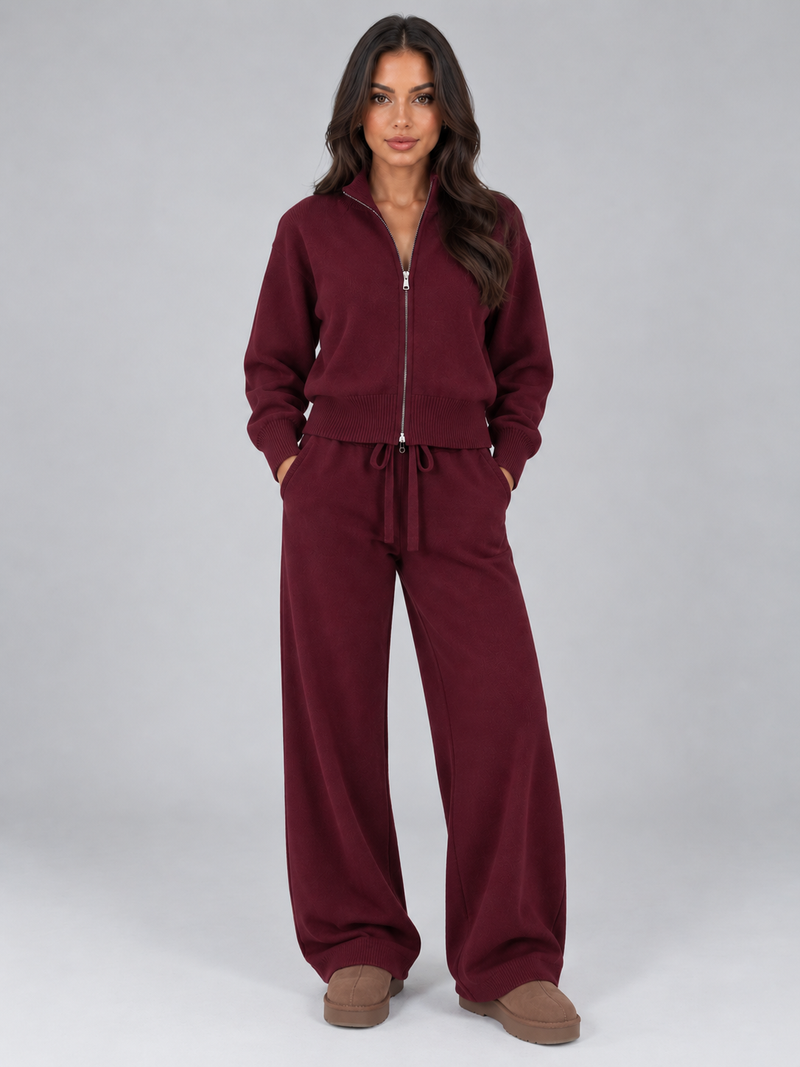 Women’s Knit Co-Ord Set – Zip Neck Jumper & Wide Leg Trousers