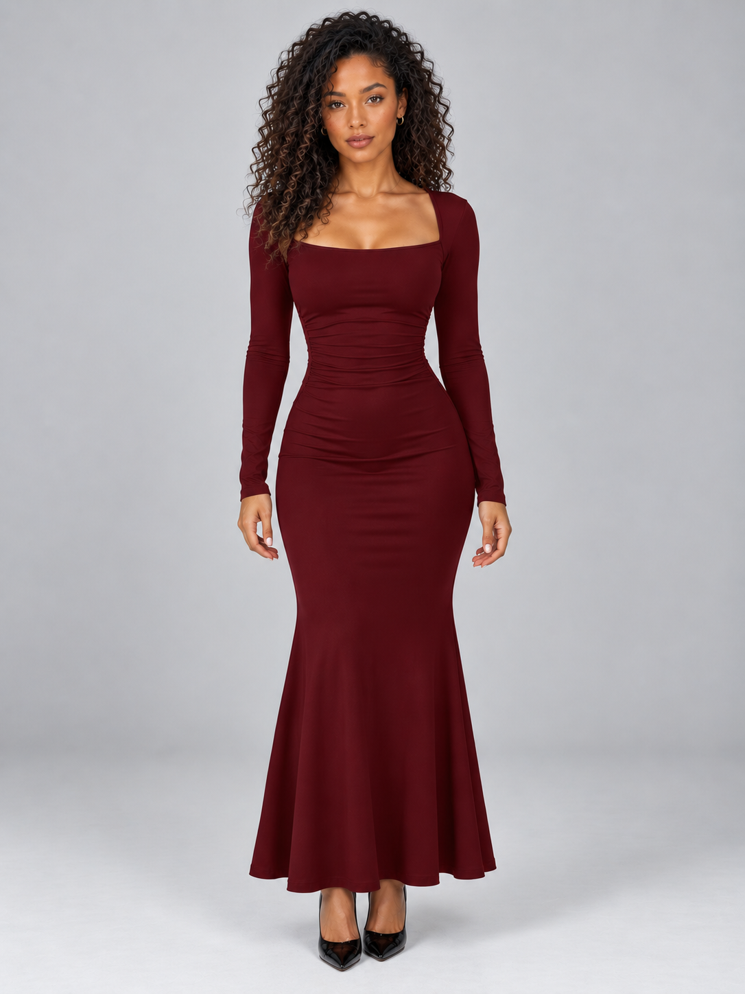 Women’s Square Neck Ruched Maxi Dress – Long Sleeve Evening Gown