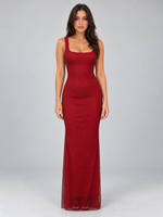 Women’s Sequin Maxi Dress – Square Neck Low Back Evening Gown