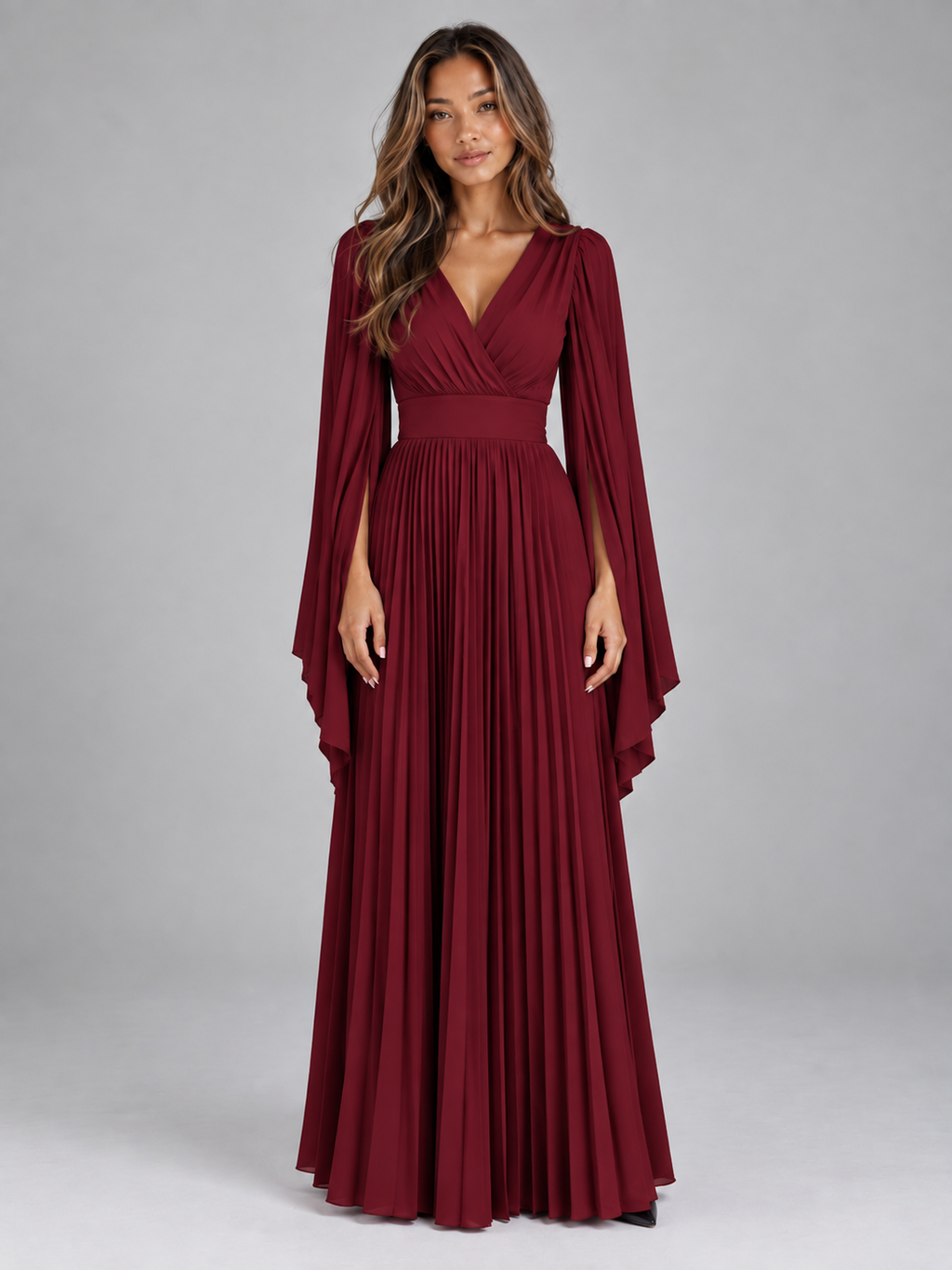 Women’s Pleated Maxi Dress – V-Neck Cape Sleeve Evening Gown