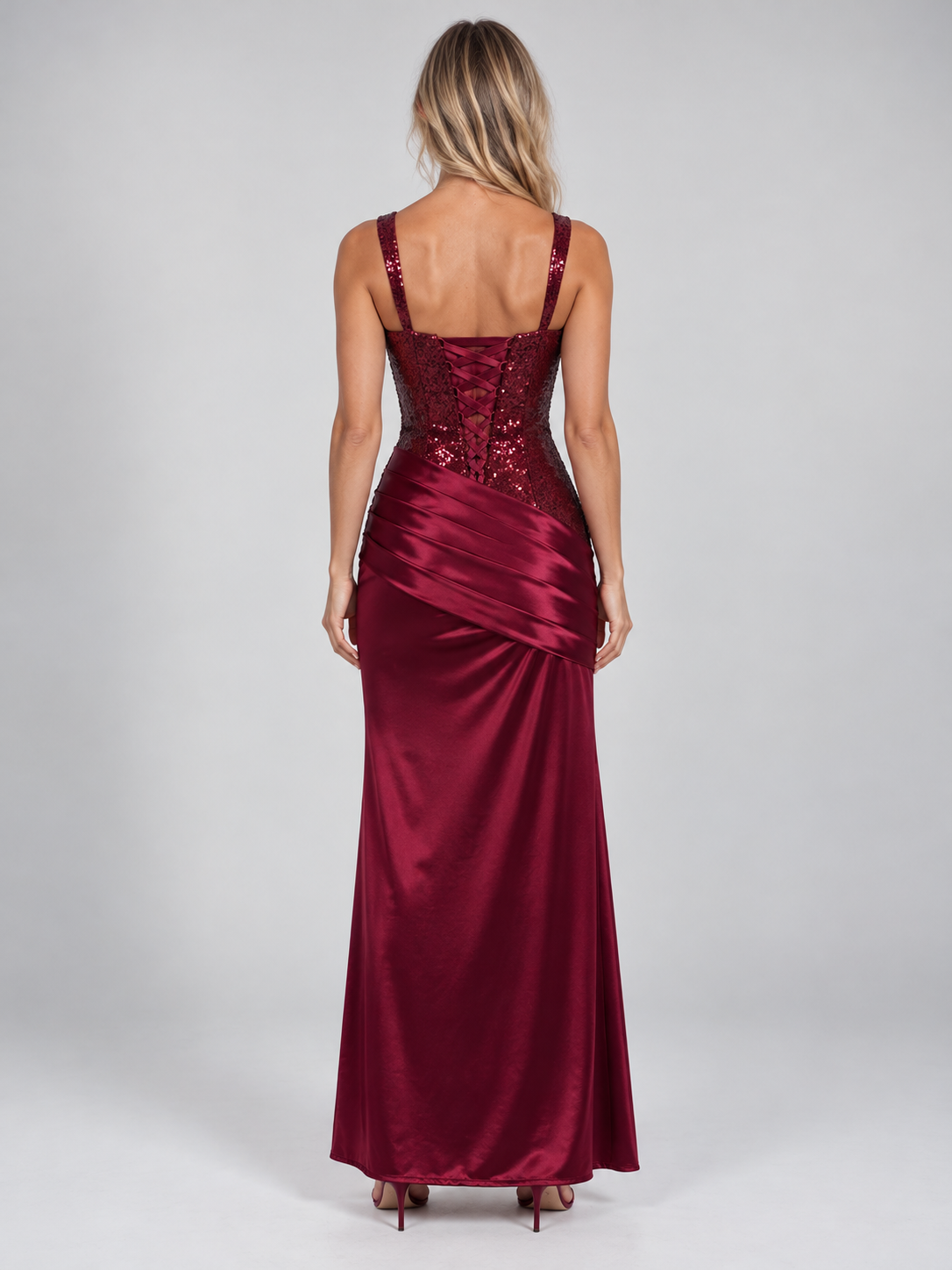 Women’s Embellished Corset Satin Look Maxi Dress – Lace-Up Evening Gown