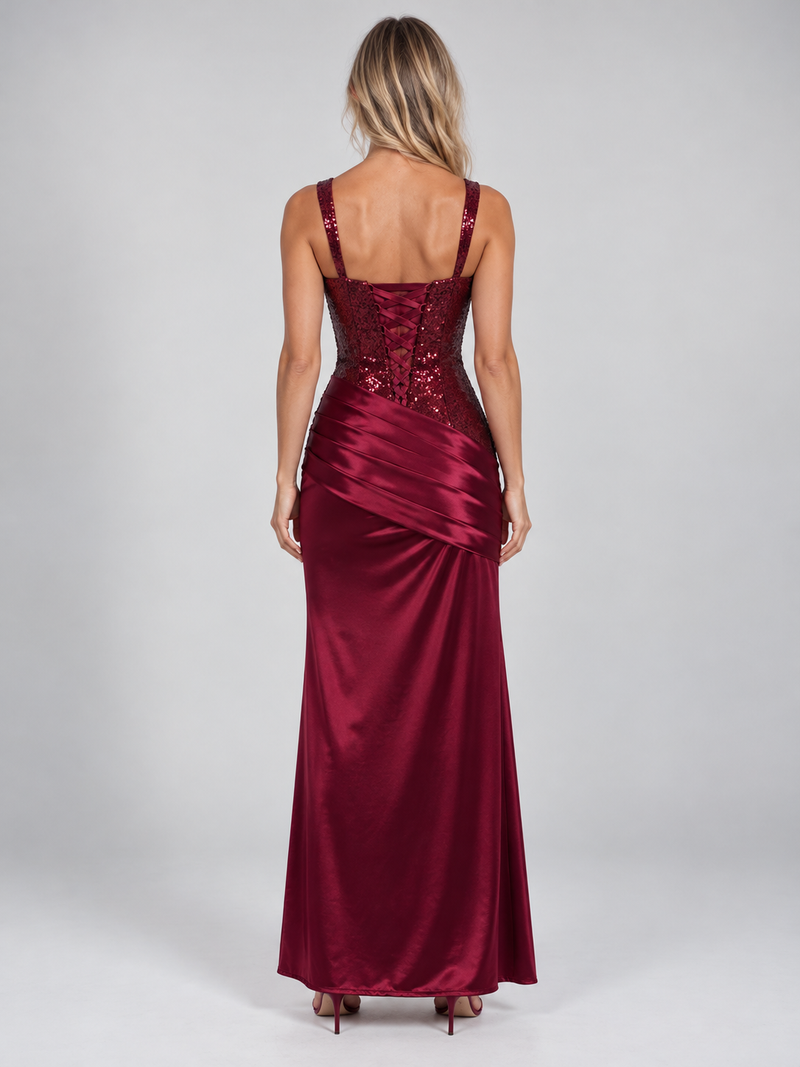 Women’s Embellished Corset Satin Look Maxi Dress – Lace-Up Evening Gown